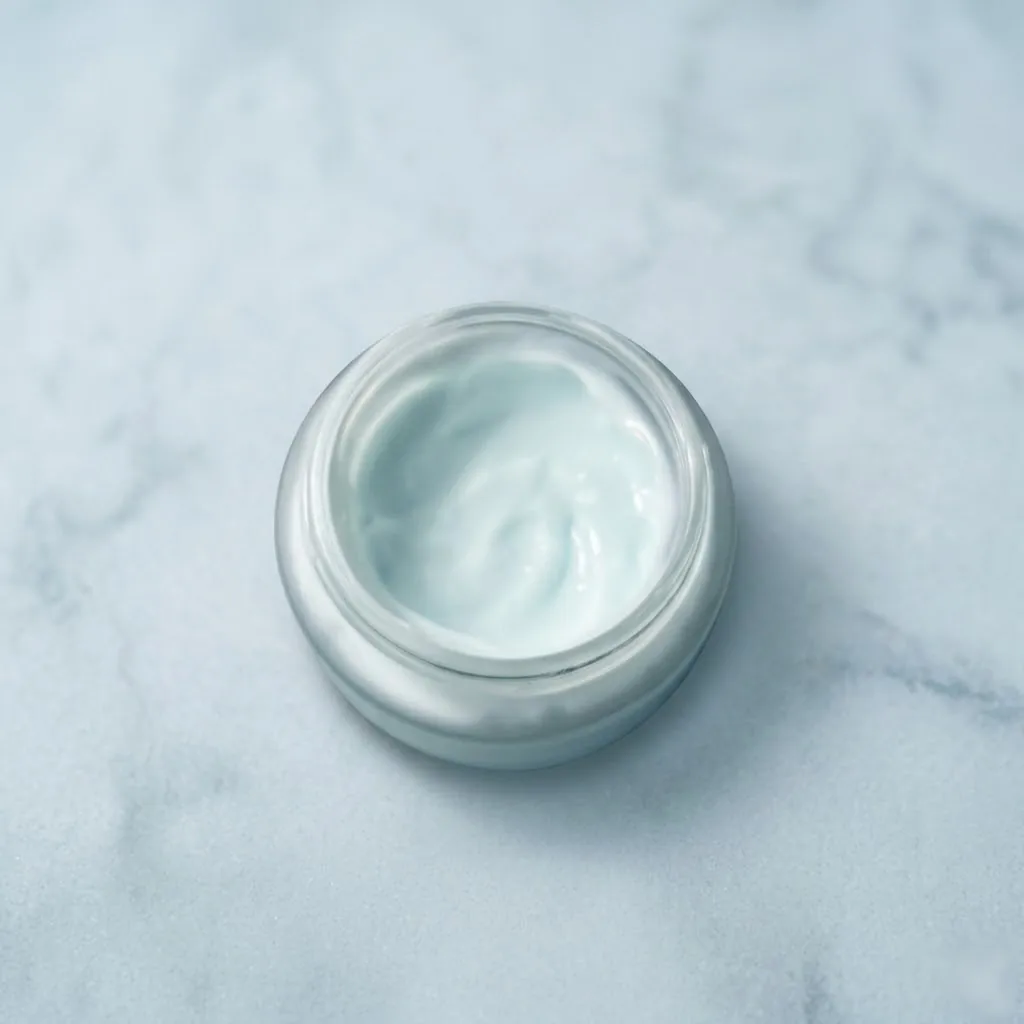 Open jar of AuraAnn Mineral Cream seen from above, pale blue cream filling the frosted glass