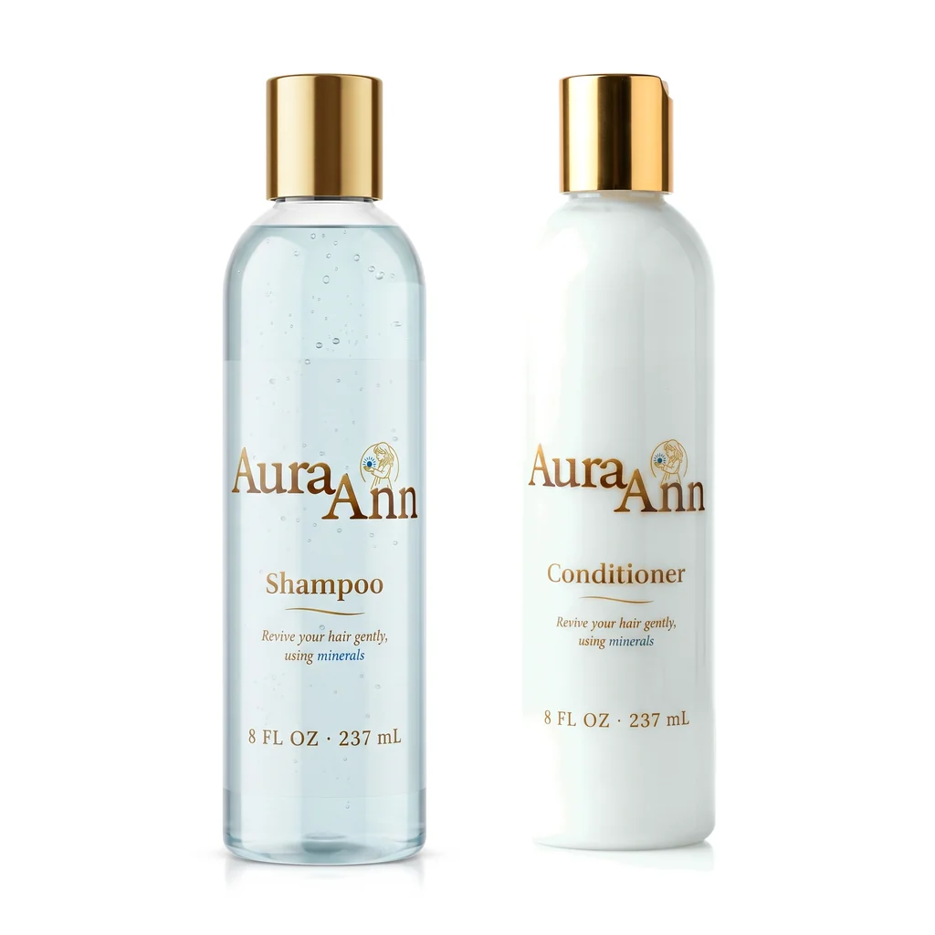 AuraAnn Shampoo and AuraAnn Conditioner side by side, both with gold caps