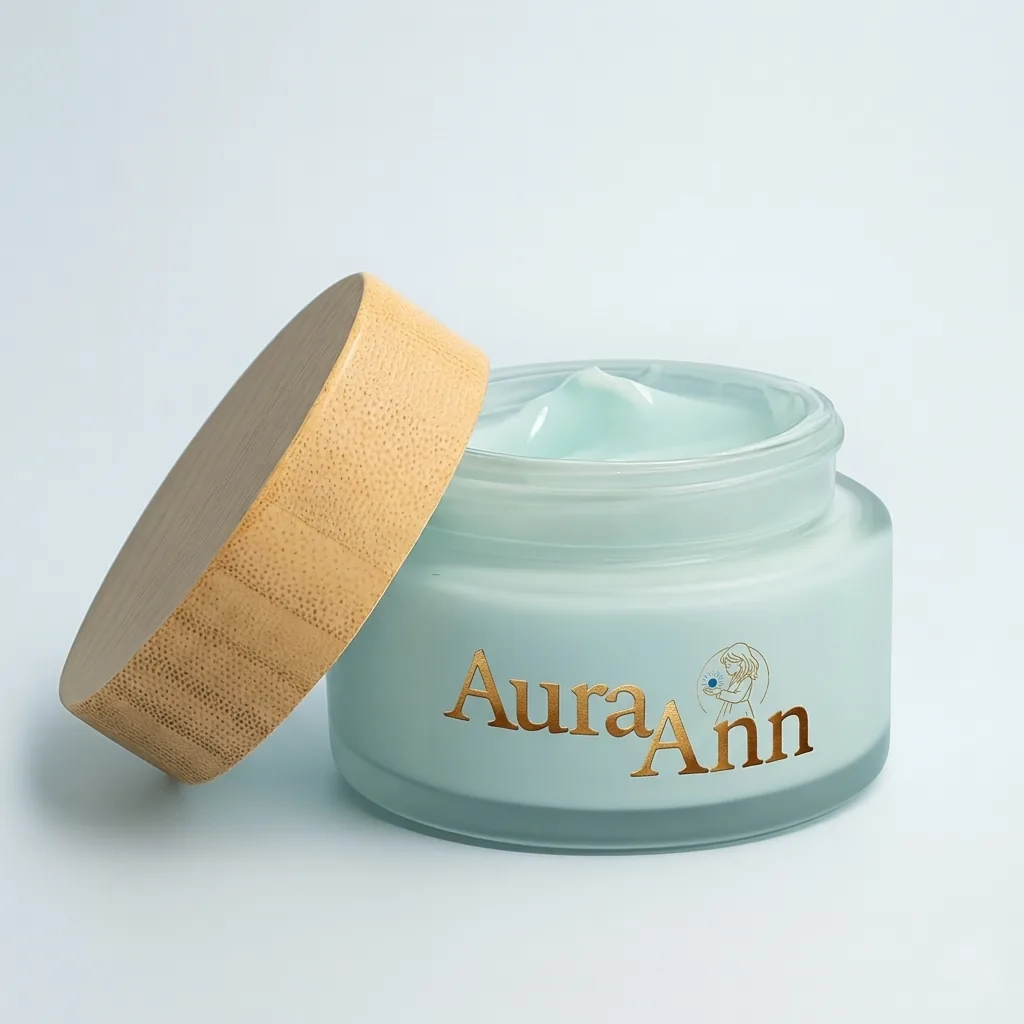 Frosted blue-green AuraAnn jar with the bamboo lid resting against it and pale blue cream visible inside